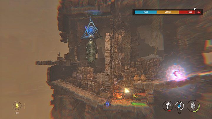 Wir erreichen ein Gebiet mit einem geschlossenen Tor, einem Slig und einer Glocke - Oddworld Soulstorm: Suche nach anderen Mudokons, den Ruinen - Walkthrough - 2: The Ruins - Oddworld Soulstorm Guide