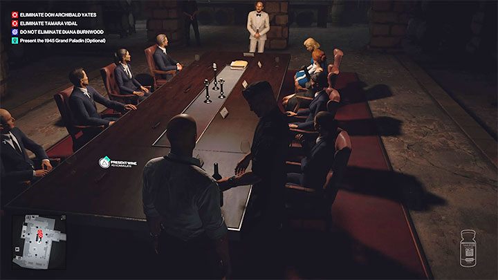 Place the wine on the table - it will automatically be picked up by the head of security, who will start pouring it among the meeting attendees - Hitman 3: Closing Statement, Mendoza - walkthrough, how to unlock? - The Farewell - Mendoza - Hitman 3 Guide
