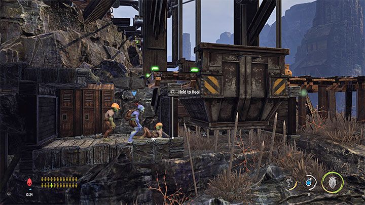 Nehmen Sie den ersten geheilten Mudokon mit und benutzen Sie den nahe gelegenen Minenwagen - Oddworld Soulstorm: Healing sick Mudokons, die Standseilbahn - Komplettlösung - 4: The Funicular - Oddworld Soulstorm Guide