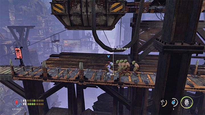 Das sechste kranke Mudokon befindet sich auf einer der oberen Plattformen - Oddworld Soulstorm: Healing sick Mudokons, die Standseilbahn - Komplettlösung - 4: The Funicular - Oddworld Soulstorm Guide