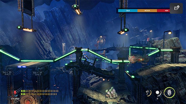 Wir erreichen die mobile Plattform, auf der wir in die Tiefen des Bildschirms gehen können - Oddworld Soulstorm: Abstieg zu Level 2, The Mines - Leitfaden, exemplarische Beschreibung - 11: The Mines - Oddworld Soulstorm Guide