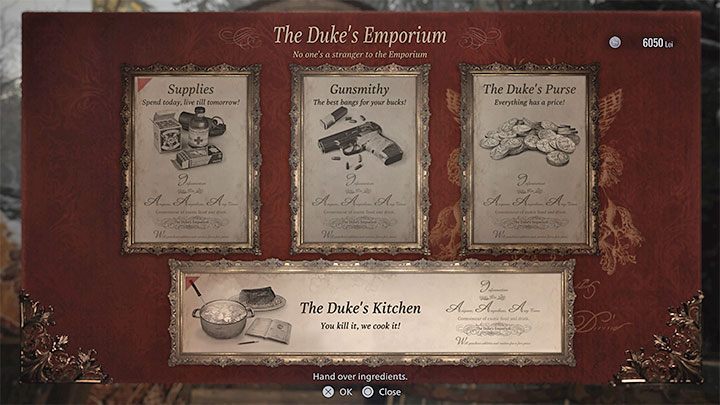 Wenn Sie das Dorf zum zweiten Mal besuchen (nachdem Sie von der Burg zurückgekehrt sind), werden Sie eine neue Option freischalten, um mit Duke, dem Händler - The Duke's Kitchen - Resident Evil Village: Wunden - wie kann man heilen?  - FAQ - Resident Evil Village Guide