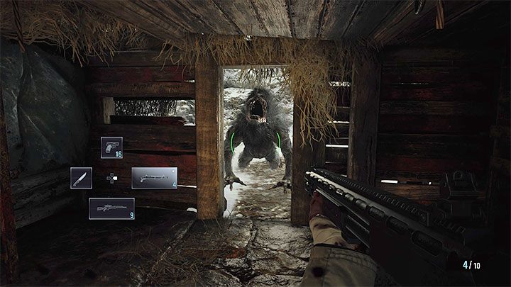 Ein sehr nützlicher Hinweis ist, dass der Werwolf aufgrund seiner Größe nicht in Hütten laufen oder in andere enge Räume und Korridore passen kann - Resident Evil Village: Große Werwölfe / Varcolac - wie kann man besiegen?  - FAQ - Resident Evil Village Guide