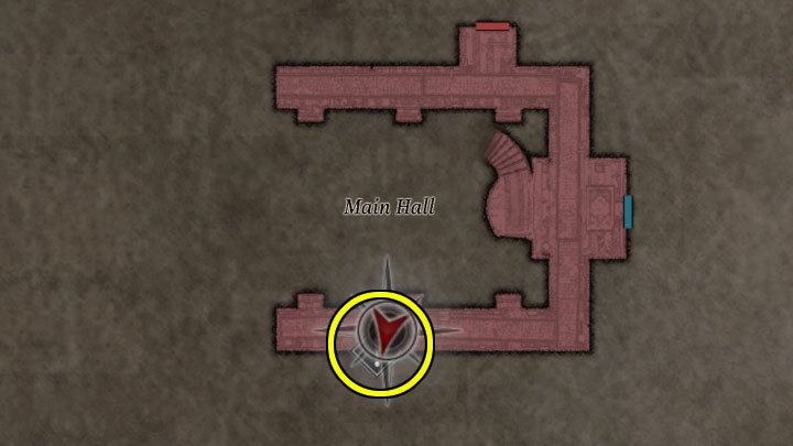 Sie können jetzt die Südtür erreichen, die sich oben in der Haupthalle befindet - Resident Evil Village: Maroon Eye-Puzzle - Puzzle-Lösungen - Resident Evil Village Guide