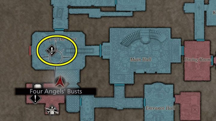 Das Four Angels 'Busts-Rätsel kann in der Halle der Vier im ersten Stock des Dimitrescu-Schlosses gelöst werden - Resident Evil Village: Das Four Angels Busts-Rätsel - Puzzle-Lösungen - Resident Evil Village Guide