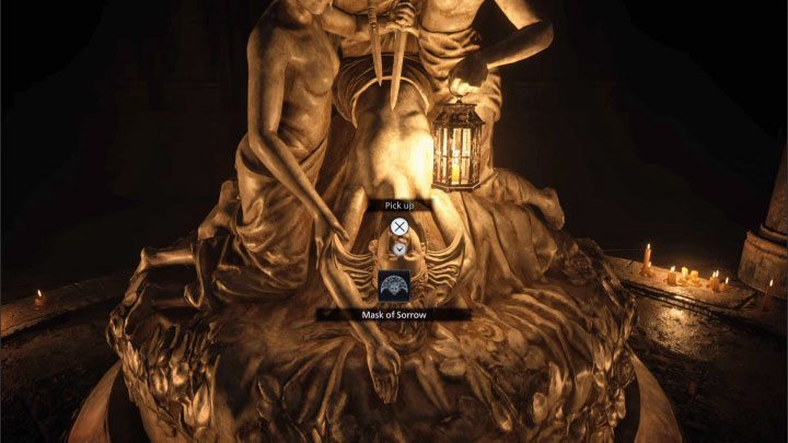 Sie erreichen den auf dem Bild in der Halle der Trauer gezeigten Altar mit der Maske der Trauer - Resident Evil Village: Lady Dimitrescu, 1 Kampfboss, wie gewinnt man?  - Bosse - Resident Evil Village Guide