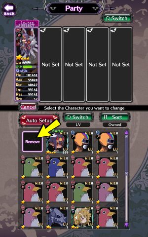 Wählen Sie den Charakter aus, den Sie entfernen möchten, und klicken Sie auf Entfernen oder wählen Sie einen Charakter aus der Liste der Charaktere aus, um ihn zu ersetzen - Disgaea RPG: Party - Grundlagen - Disgaea RPG Guide