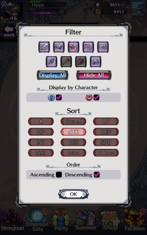 Klicken Sie auf Sortieren, um ein Fenster mit Filtern für die Charakterliste - Disgaea RPG: Party - Basics - Disgaea RPG Guide zu öffnen