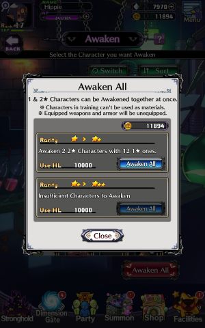 Sie können auch die Option Awaken All verwenden, die 1- und 2-Sterne-Charaktere fördert, vorausgesetzt, Sie haben genügend Münzen und Helden zum Opfern - Disgaea RPG: Maos Lab - Grundlagen - Disgaea RPG Guide