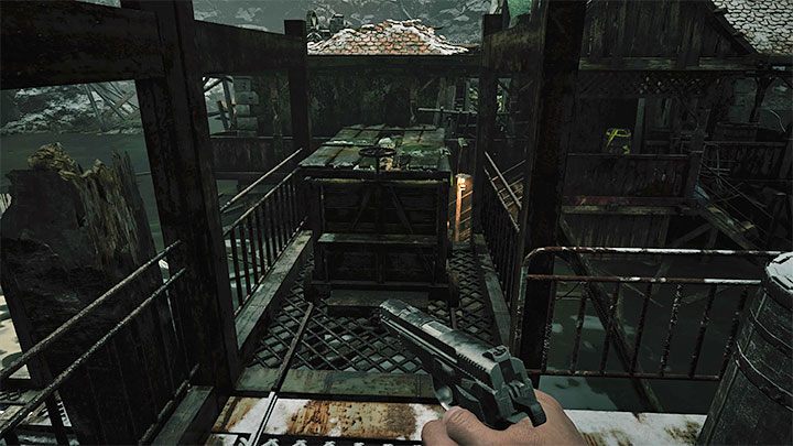Sie erreichen ein neues großes zerstörtes Gebäude - Resident Evil Village: Gehen Sie durch den Stausee und meiden Sie den Fisch - Walkthrough - Fortress - Resident Evil Village Guide