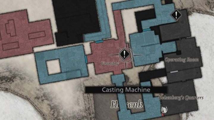 Sobald Sie den Schlüssel erworben haben, müssen Sie erneut die Casting Machine erreichen, die sich zur Erinnerung auf der MB4-Etage befindet - Resident Evil Village: Erreichen von Etage B1, Erstellen eines Schlüssels - Komplettlösung - Factory - Resident Evil Village Guide