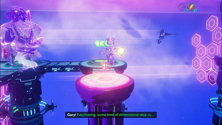 Remain on the pressure plate until the nearby platform has lowered - Ratchet & Clank Rift Apart: Kit, Return to Sargasso - puzzle guide, list - Clank and Kit Riddles - Ratchet & Clank Rift Apart Guide