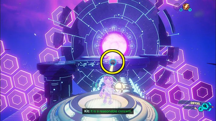 Throw the electric sphere once again at the first slot near the starting point you used at the very beginning of the puzzle - we marked it on the picture - Ratchet & Clank Rift Apart: Kit, Return to Sargasso - puzzle guide, list - Clank and Kit Riddles - Ratchet & Clank Rift Apart Guide