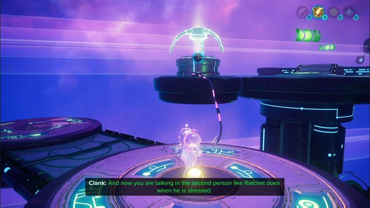 Start by doing a double jump over the chasm to land on the shelf with the Electric Sphere - Ratchet & Clank Rift Apart: Clank, Return to Savali - puzzle guide, list - Clank and Kit Riddles - Ratchet & Clank Rift Apart Guide