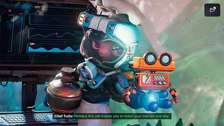 Wenn Sie den Kampf erfolgreich abgeschlossen haben, erhalten Sie eine Belohnung von Küchenchef Tulio - es wird ein Spyobot sein (eines der Sammlerstücke dieser Mission) - Ratchet & Clank Rift Apart: Finding Tulio - Blizar Prime - Ratchet & Clank Rift Apart Guide