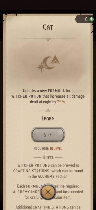 Effekt: Ermöglicht die Herstellung des Katzentranks – The Witcher Monster Slayer: Fertigkeiten – Alchemie – Fertigkeiten – Witcher Monster Slayer Guide