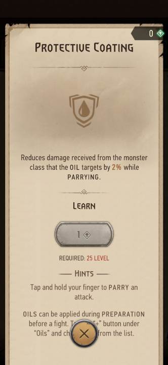 Effekt: Reduziert den erlittenen Schaden einer Monsterklasse, auf die das Öl beim Parieren abzielt – The Witcher Monster Slayer: Fertigkeiten – Alchemie – Fertigkeiten – Witcher Monster Slayer Guide
