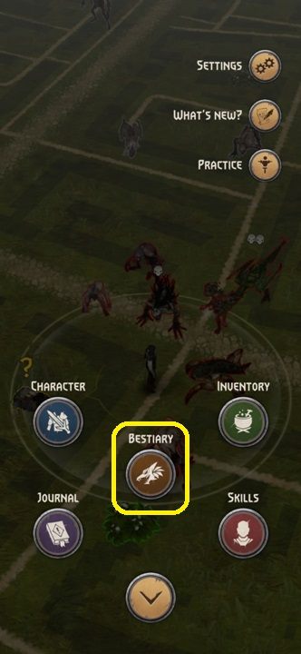 Der nächste Schritt besteht darin, das "Bestiarium" in der Mitte des Bildschirms aufzurufen - The Witcher Monster Slayer: Combat - Bestiary - Fight - Witcher Monster Slayer Guide