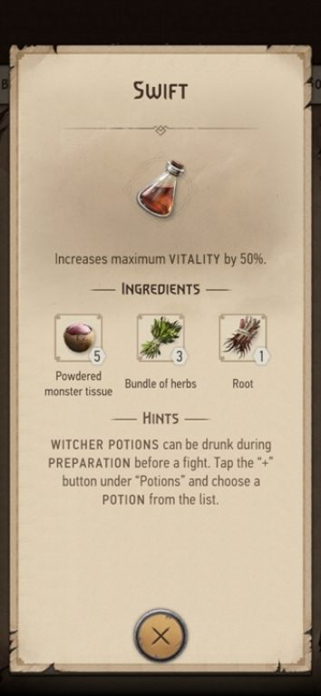 Beschreibung: Erhöht die maximale Vitalität um 50% - The Witcher Monster Slayer: Combat - nützliche Tränke - Fight - Witcher Monster Slayer Guide