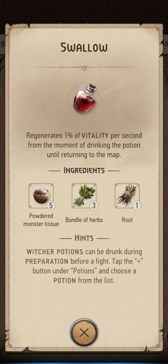 Beschreibung: regeneriert 1% der Vitalität pro Sekunde - The Witcher Monster Slayer: Combat - nützliche Tränke - Fight - Witcher Monster Slayer Guide