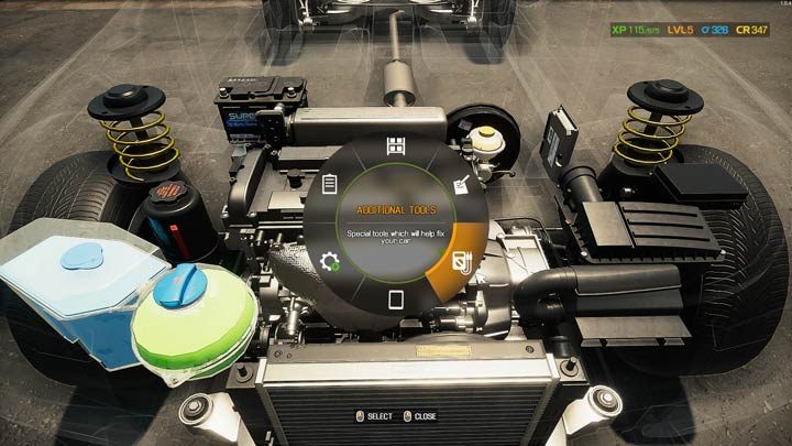 Wählen Sie die Option Extra Tools im Tortenmenü - Car Mechanic Simulator 2021: Fehlfunktionsdiagnose - Grundlagen - Car Mechanic Simulator 2021 Guide