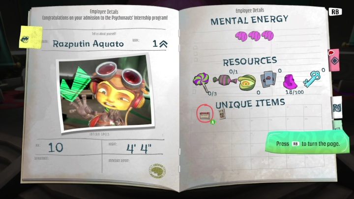 Sie erhalten Zugriff auf das Protokoll, in dem Sie die Missionsnamen, Ziele, Informationen zum Charakterstatus, die Anzahl der Sammlerstücke usw. finden - Psychonauts 2: The Motherlobe - Komplettlösung - Komplettlösung - Psychonauts 2-Leitfaden