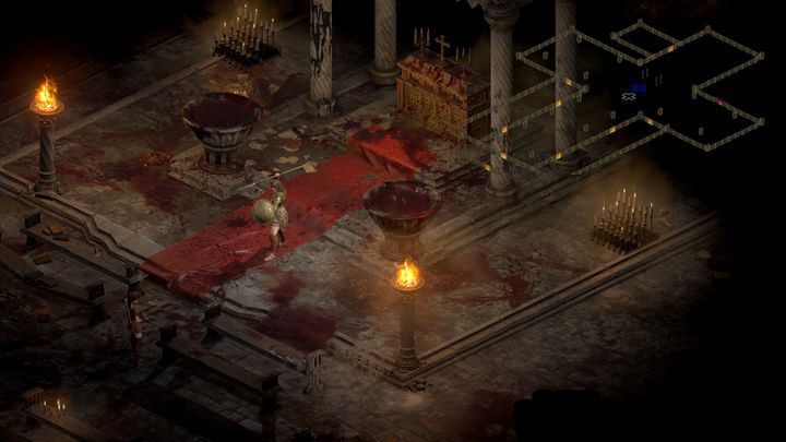 Von hier aus erreichen Sie eine kleine Kathedrale - in deren rechten Wand Sie den Eingang zu den Katakomben finden (vier Etagen - der Boss befindet sich auf der letzten) - Diablo 2 Resurrected: Sisters to the Slaughter - Walkthrough - Akt 1 - Diablo 2 Auferstandener Guide