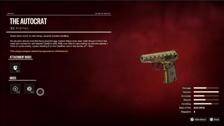 Besonderheiten: Der Autokrat ist eine Pistole, die ursprünglich modifiziert wurde mit - Far Cry 6: Beste Waffen - Liste - Grundlagen - Far Cry 6 Guide