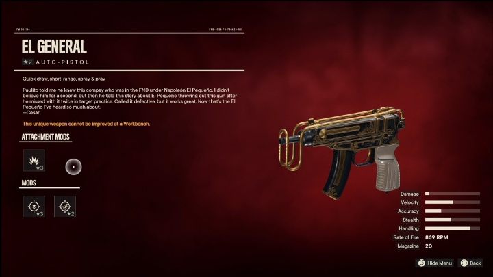 Besonderheiten: El General ist eine automatische Pistole, die ursprünglich modifiziert wurde mit - Far Cry 6: Beste Waffen - Liste - Grundlagen - Far Cry 6 Guide