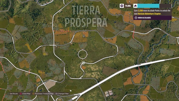Der Scheunenfund befindet sich in dem auf der Karte markierten Kreis südlich von Tierra Prospera - Forza Horizon 5: Alle Scheunenfunde - Liste - Guide - Forza Horizon 5 Guide