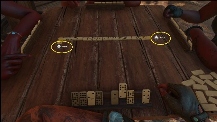 Wenn ein Plättchen an beiden Enden der Kette übereinstimmt, erscheinen zwei Schaltflächen auf dem Tisch - Far Cry 6: Minispiele - Domino und Hahnenkampf - Grundlagen - Far Cry 6 Guide