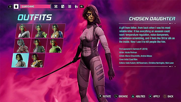 Dieses Outfit findet ihr als Geheimnis in Kapitel 14 – Guardians of the Galaxy: Gamora – Outfits – Costumes – Guardians of the Galaxy Guide