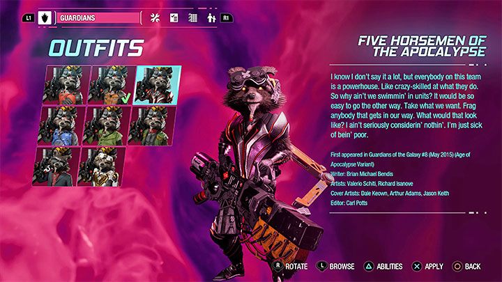 Dieses Outfit kann als Geheimnis in Kapitel 4 – Guardians of the Galaxy: Rocket – Outfits – Kostüme – Guardians of the Galaxy Guide gefunden werden