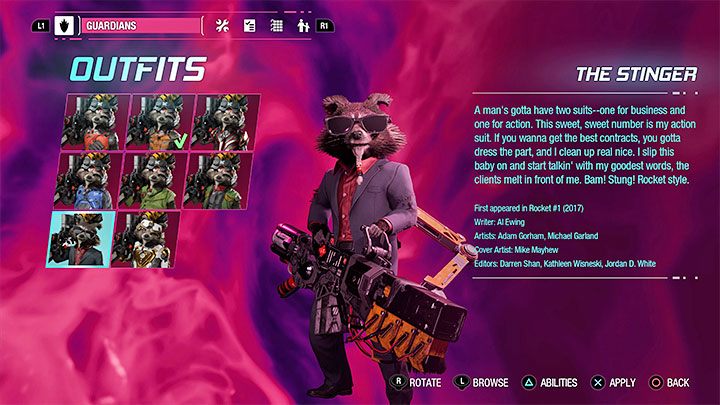 Dieses Outfit kann als Geheimnis in Kapitel 13 - Guardians of the Galaxy: Rocket - Outfits - Costumes - Guardians of the Galaxy Guide gefunden werden