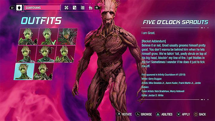 Dieses Outfit kann als Geheimnis in Kapitel 13 - Guardians of the Galaxy: Groot - Outfits - Costumes - Guardians of the Galaxy Guide gefunden werden