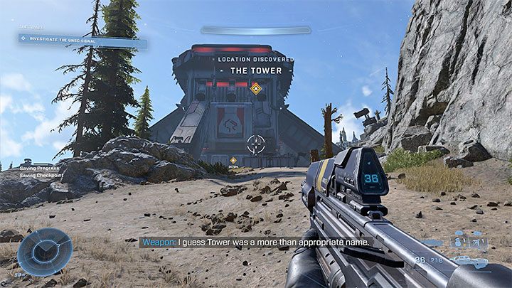 Die dritte gelbe Markierung symbolisiert den Turm und dies ist der Ort, an den Sie schließlich gehen müssen, um die Haupthandlung voranzutreiben – Halo Infinite: Recovery – Komplettlösung, Lösung – Hauptmissionen – Halo Infinite Guide