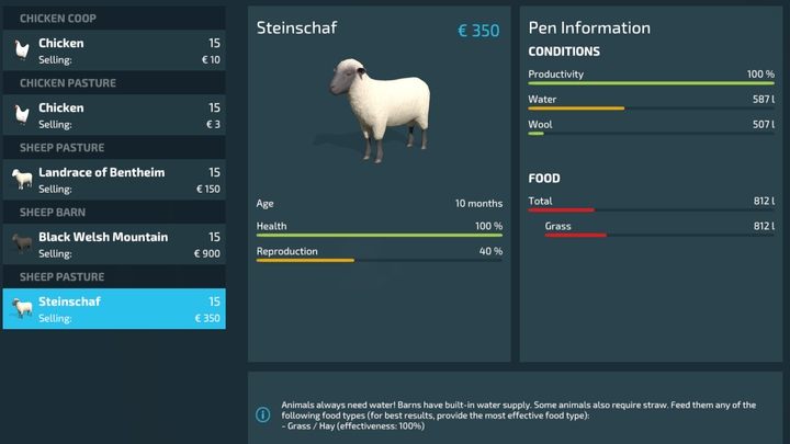 Sie können den Zustand Ihrer Tiere im Tierverwaltungsfenster anzeigen - Landwirtschafts-Simulator 22: Schafe - Zucht, Tipps - Tiere - Zuchtdetails - Landwirtschafts-Simulator 22-Anleitung