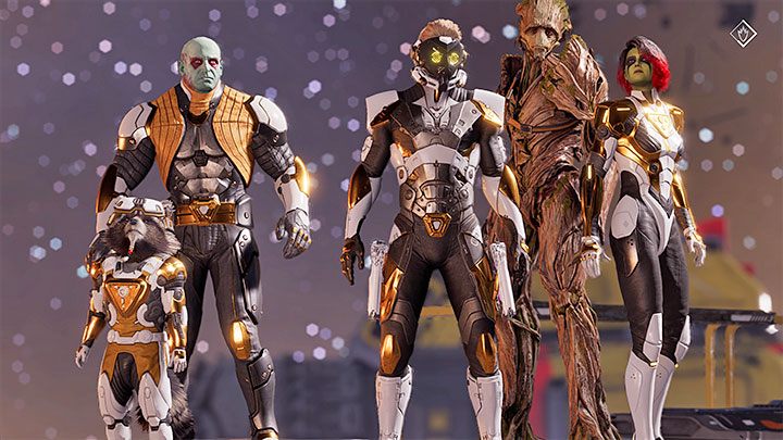 Nachdem sie die Kontrolle über den Star-Lord wiedererlangt haben, tragen die Helden einzigartige Outfits aus dem Golden Guardians-Set – Guardians of the Galaxy: Kapitel 14 – Komplettlösung, Lösung – Komplettlösung – Guardians of the Galaxy Guide