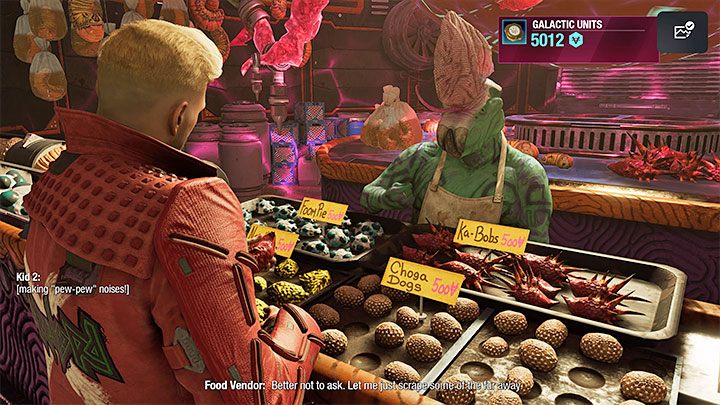Der Lebensmittelhändler bietet viele Arten von Lebensmitteln an, die Sie für 500 Credits pro Stück kaufen können - Guardians of the Galaxy: Wichtige Entscheidungen - Kapitel 6 - Wichtige Entscheidungen - Guardians of the Galaxy Guide