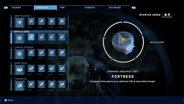 Die Entwicklung des Schildkerns ist sehr einfach, da Fortress und alle nachfolgenden Upgrades die Stärke der Schilde erhöhen (jeweils um 15 %), sodass sie feindlichem Feuer länger standhalten - Halo Infinite: Upgrades - neue Gadgets - Grundlagen - Halo Infinite Guide