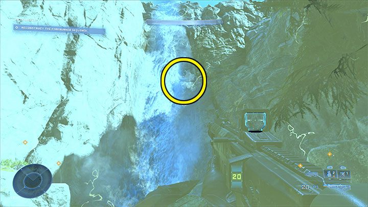Sie müssen zu dem sehr kleinen Felsvorsprung gelangen, der hinter dem Wasserfall versteckt ist – wir haben ihn auf dem Bild markiert, der Enterhaken sollte sich hier als sehr hilfreich erweisen – Halo Infinite: Black Eye, 11. Schädel (offene Welt) – Standort, wo zu finden?  - Schädel – Halo Infinite Guide
