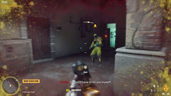 Ein Gegner in einem gelben Schutzanzug wird aus dem Raum kommen, in dem er sich bisher versteckt hat – Far Cry 6: Harpoon – Komplettlösung – El Este – Far Cry 6 Guide