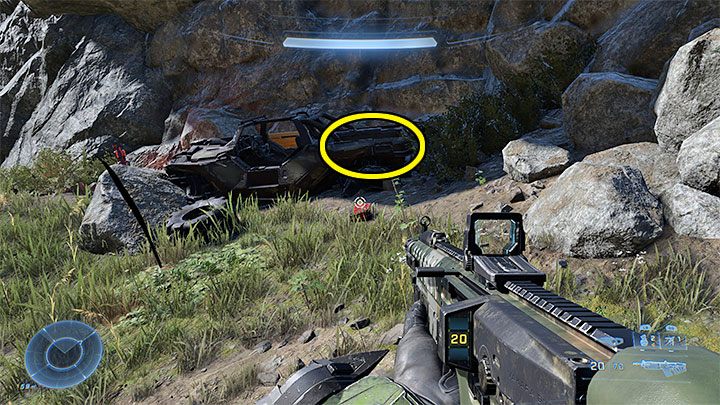 Das gesuchte Audioprotokoll ist im Kofferraum eines zerstörten Fahrzeugs versteckt (Screenshot oben) – Halo Infinite: Armory of Reckoning (Verbindungen) – Sammlerstücke, Spartan Cores, Audioprotokolle – Kontakte – Halo Infinite Guide