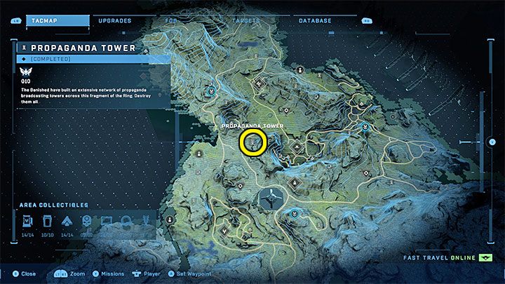 Der Turm befindet sich im zentralen Teil der Region, in der Nähe der Ausgrabungsstätte – Halo Infinite: Propagandatürme (Verbindungen) – Verbindungen – Halo Infinite Guide
