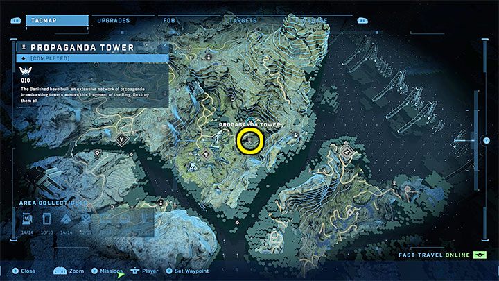 Der Turm befindet sich im südöstlichen Teil der Region, insbesondere in der Gegend in der Nähe des ersten Turms – Halo Infinite: Propagandatürme (Verbindungen) – Verbindungen – Halo Infinite Guide