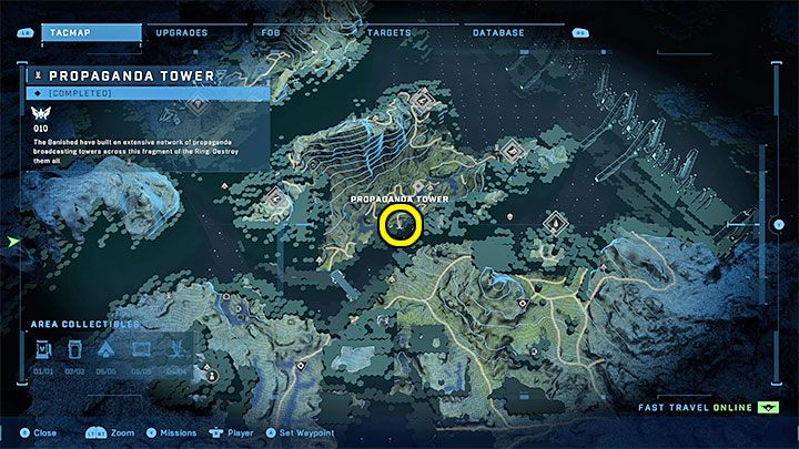 Der Turm befindet sich im südlichen Teil der Region, in der Nähe des Leuchtfeuers der Hauptmission – Halo Infinite: Propagandatürme (Friedhöfe) – Friedhöfe – Halo Infinite Guide
