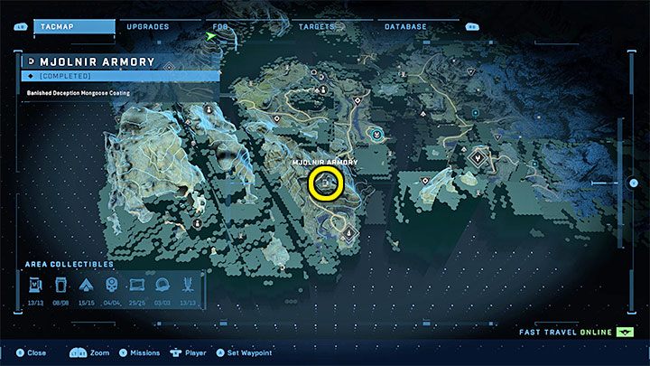 Die Waffenkammer befindet sich im südwestlichen Teil der Region, ziemlich nahe an einem der Leuchtfeuer – Halo Infinite: Mjolnir Armory and Spartan Cores (Reformation) – Reformation – Halo Infinite Guide