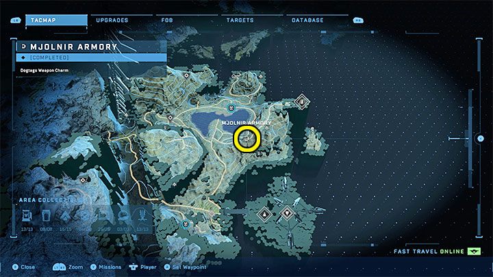 Die Waffenkammer befindet sich im östlichen Teil der Region, in der Nähe des Sees und der FOB-Basis – Halo Infinite: Mjolnir Armory and Spartan Cores (Reformation) – Reformation – Halo Infinite Guide