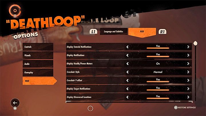 Mit Deathloop können Sie die auf dem Bildschirm angezeigten Informationen an Ihre eigenen Vorlieben anpassen - Deathloop: Systemanforderungen - Anhang - Deathloop-Anleitung
