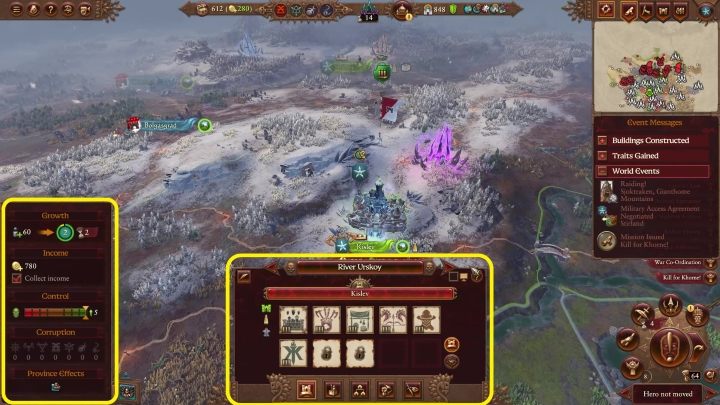 In der Mitte können Sie Informationen über die Provinz / Armee sehen - Gebäude, Armee-/Garnisonsgröße usw. - Total War Warhammer 3: UI - Karte von Kampanien - Total War Warhammer 3 Guide